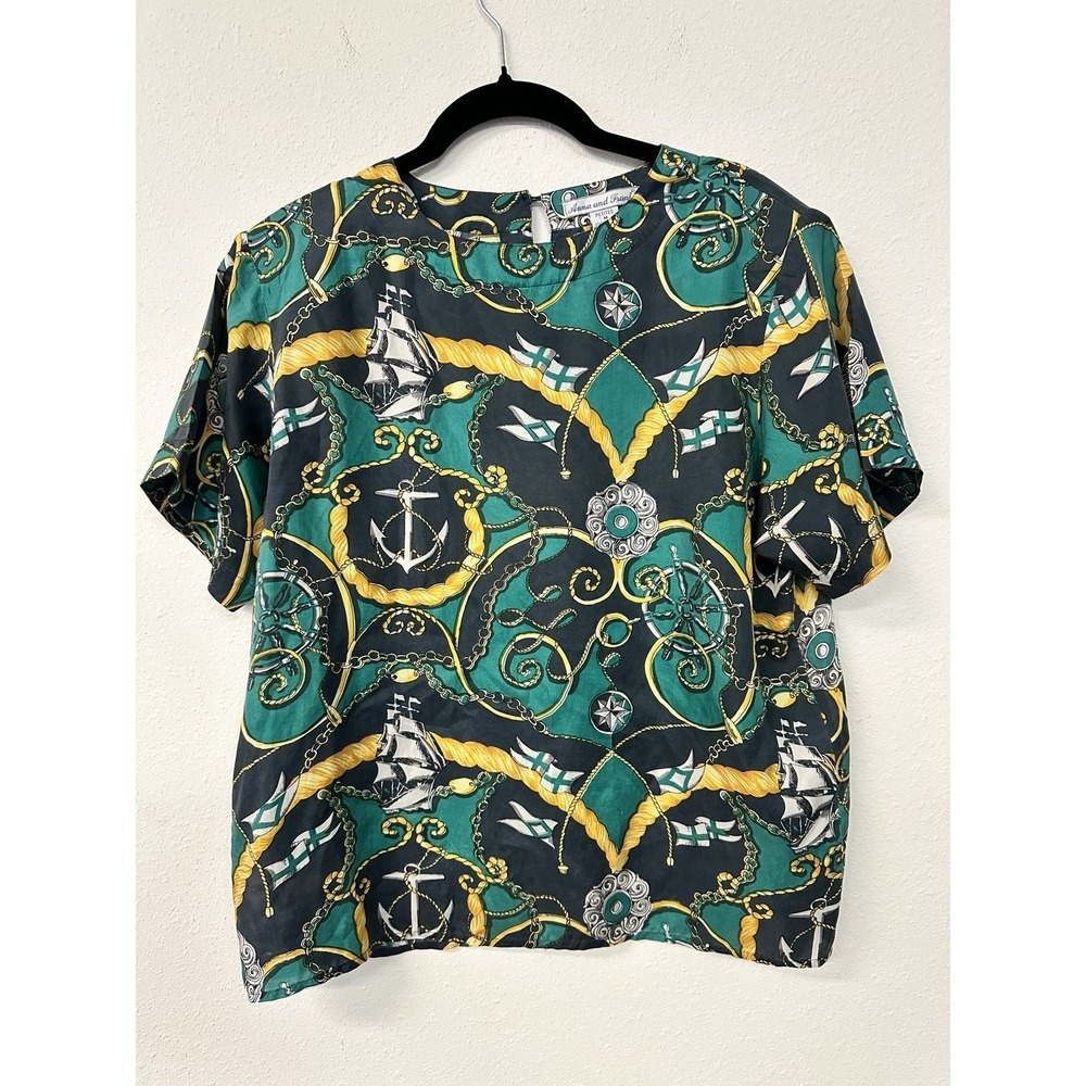 VTG Anna & Frank Blouse Silk Shoulder Pads Nautical Green Gold Women's Petite M